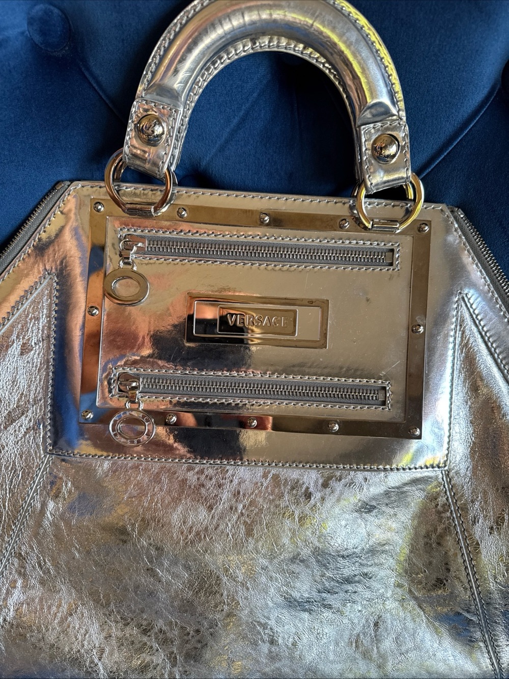Versace Silver Metallic Structured Satchel - Picture 2 of 15